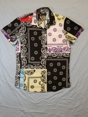 Rocawear Multi Color Patchwork Bandana Print Button Down Short Sleeve Shirt Y2K